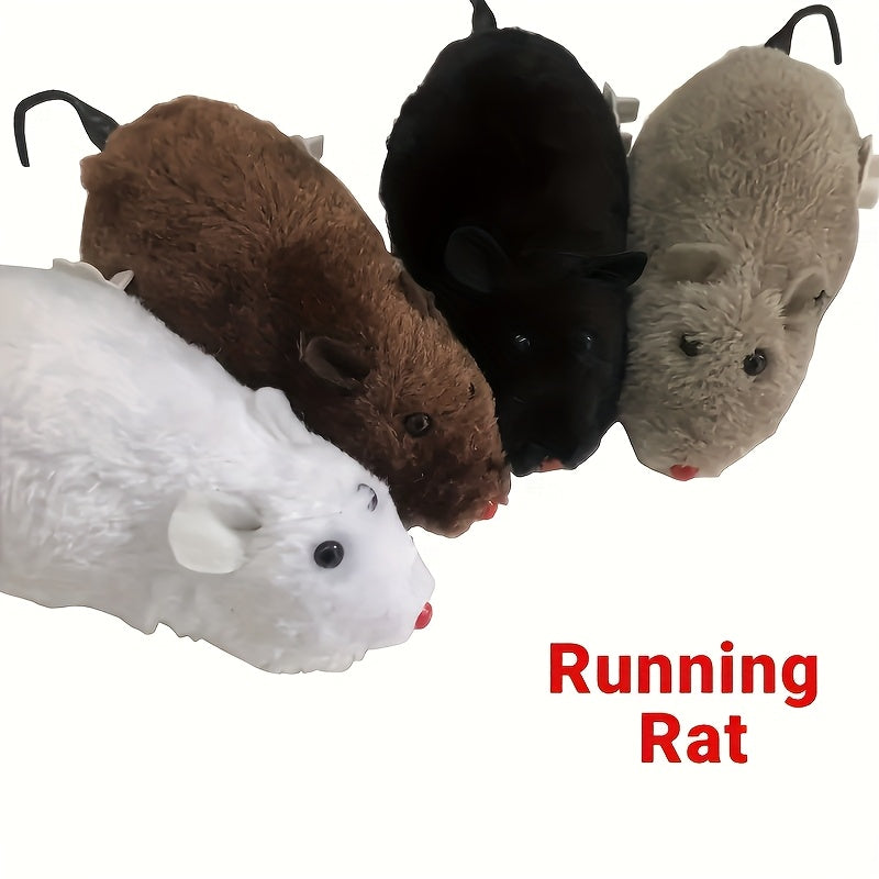 Non-electric, interactive cat toy with wind-up running rat made of durable vinyl material, suitable for kittens, promoting play and exercise without the need for batteries.