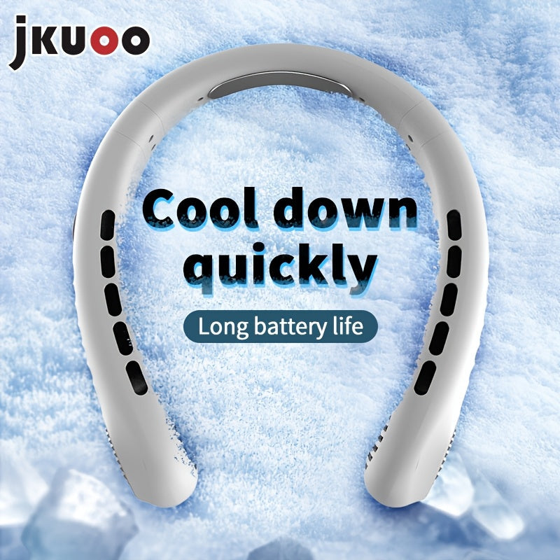 Introducing the 1pc JKUOO Portable Neck Fan with Digital Display. This USB Rechargeable Mini Personal Wearable Fan features 5-Speed settings, ensuring a quiet operation. Made of durable plastic material with a convenient cord, this fan is perfect for