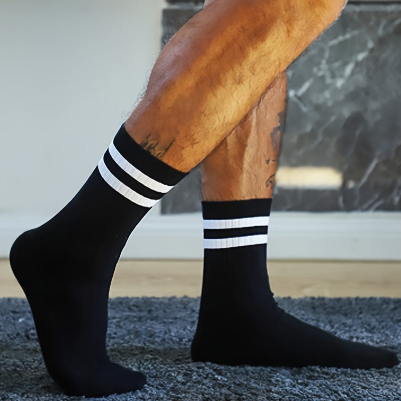 6 pairs of men's trendy striped crew socks, perfect for outdoor and all-season wear