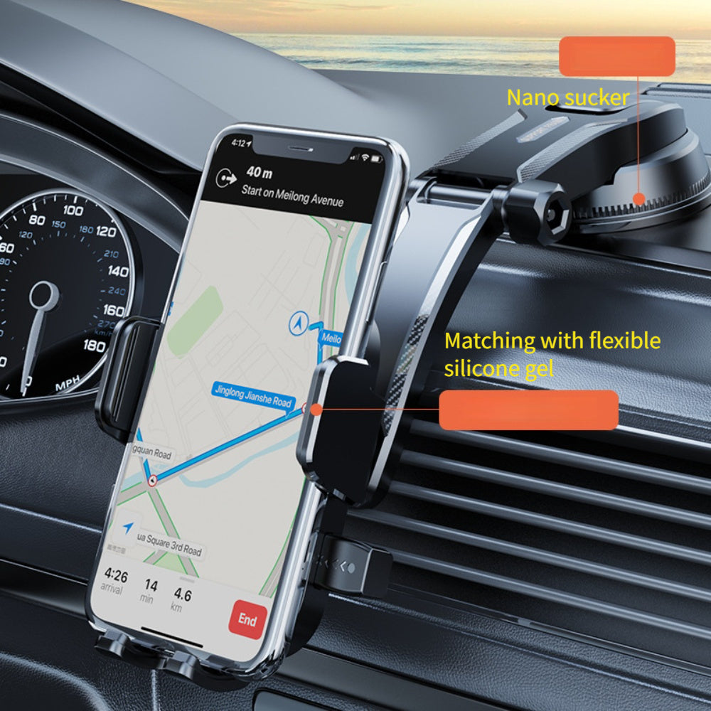 This phone holder rotates 360°, mounts on dashboard with suction cup, made of durable ABS material for secure grip while driving. Allows for safe navigation and flexible positioning of