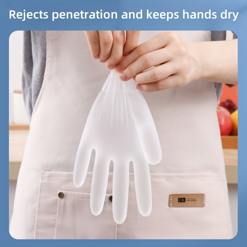 Pack of 100 PVC disposable gloves, can be used on either hand, free of lead and BPA, waterproof and resistant to water with great flexibility. Perfect for handling food, cleaning, beauty salons, and home use.