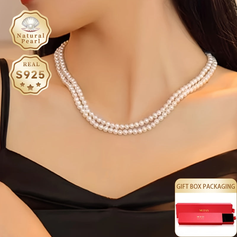 MUFAN Elegant Double-Layered Natural Freshwater Pearl Necklace for Women, S925 Silver, 4-5mm, June Birthstone, Includes Luxurious Gift Box, Perfect for Daily Wear and Special Events