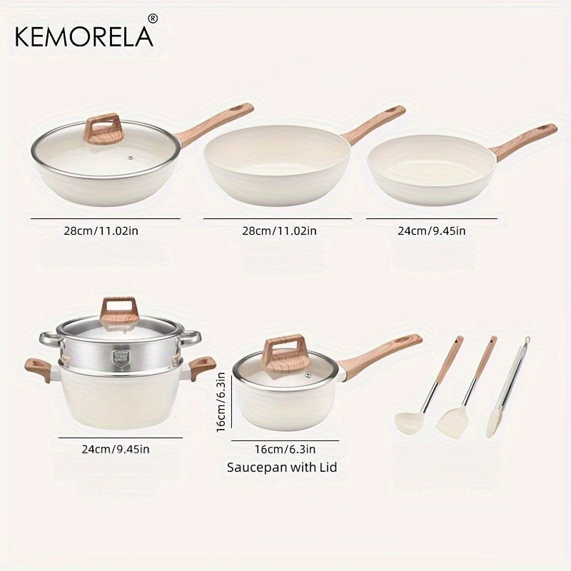 12-Piece Nonstick Cookware Set from KEMORELA - Aluminum Pots and Pans for Your Kitchen with Induction Base, Complete with Frying Pan, Saucepan, Steamer, Silicone Utensils & Tongs - Free of PFAS, PFOA, Lead, and Cadmium