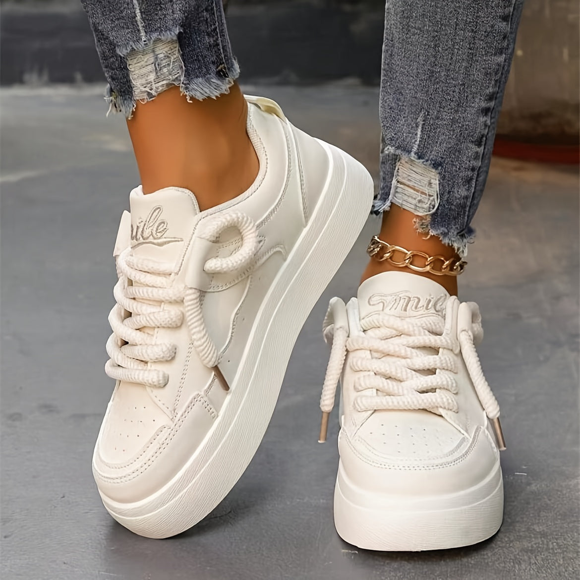 Casual Lace-Up Platform Sneakers for Women, Solid Color with Soft Sole