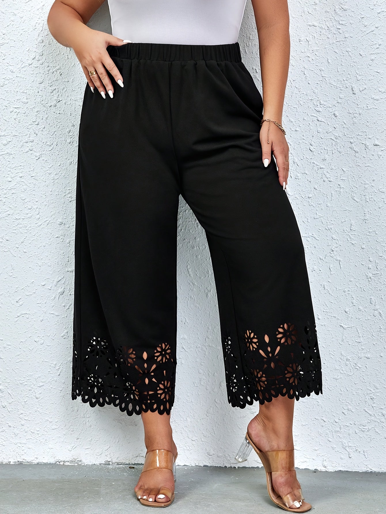 High waist wide leg pants with slant pockets, plus size, elegant style, women's commuter clothing.