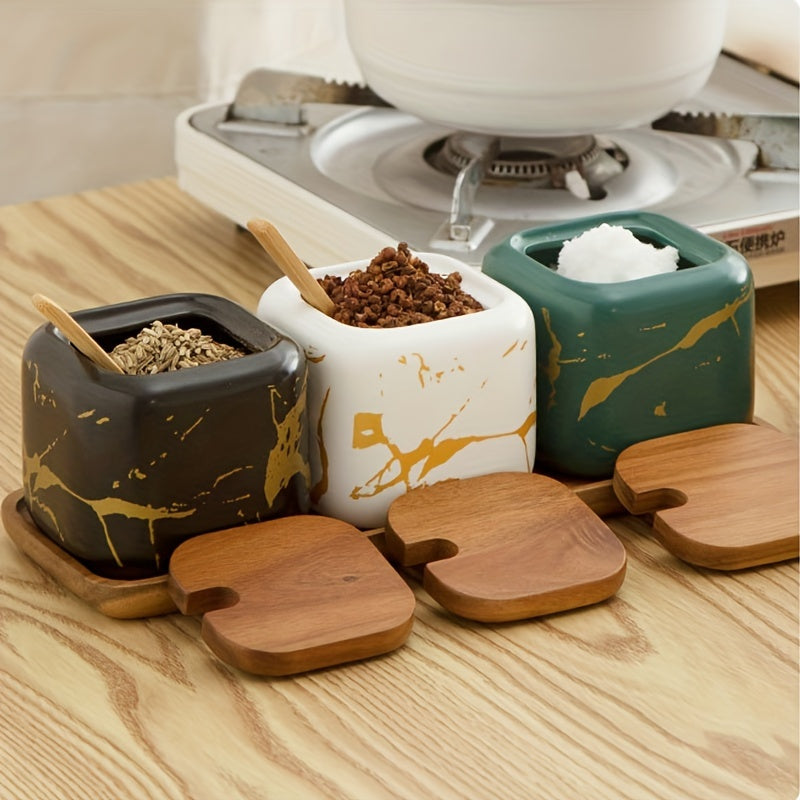 Sophisticated Ceramic Spice Set featuring Salt, Pepper, and Spice Jars with Wooden Lids - Ideal for Enhancing Your Kitchen Décor