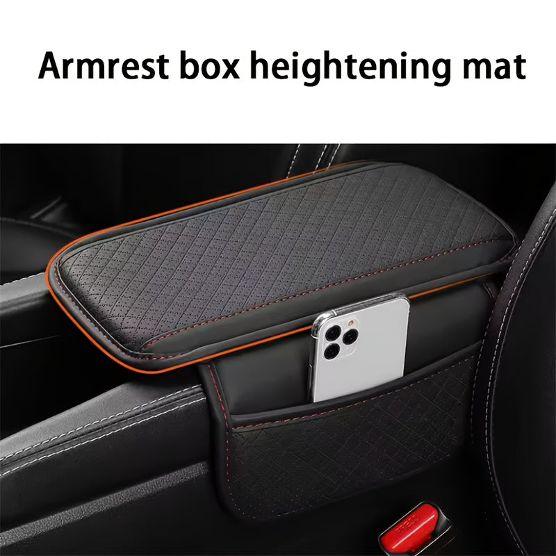 PU Leather Car Armrest Cushion with Memory Foam, Dual Storage Pockets, Elbow Support Pad, Anti-Scratch, Wear-Resistant, Breathable Design, Interior Accessory.