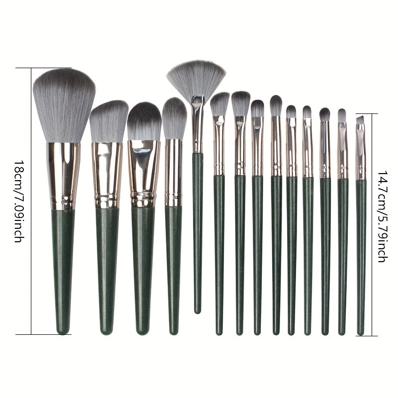 14-piece luxurious green brush set for full face and eye detailing, perfect for foundation, contouring, and blending.