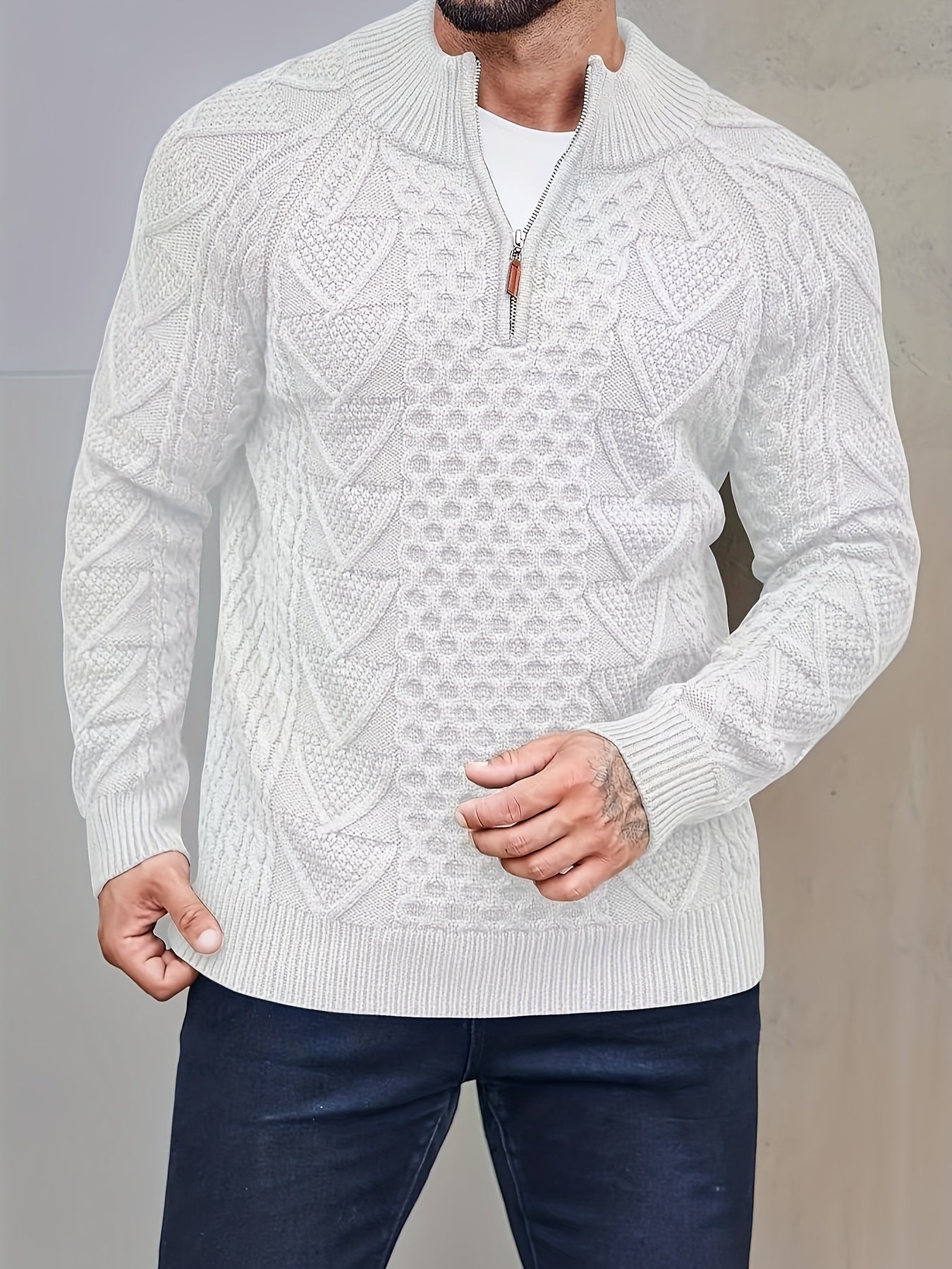 Plus size men's polyester pullover sweater with stand collar, zipper detail, and solid color, perfect for fall/winter.