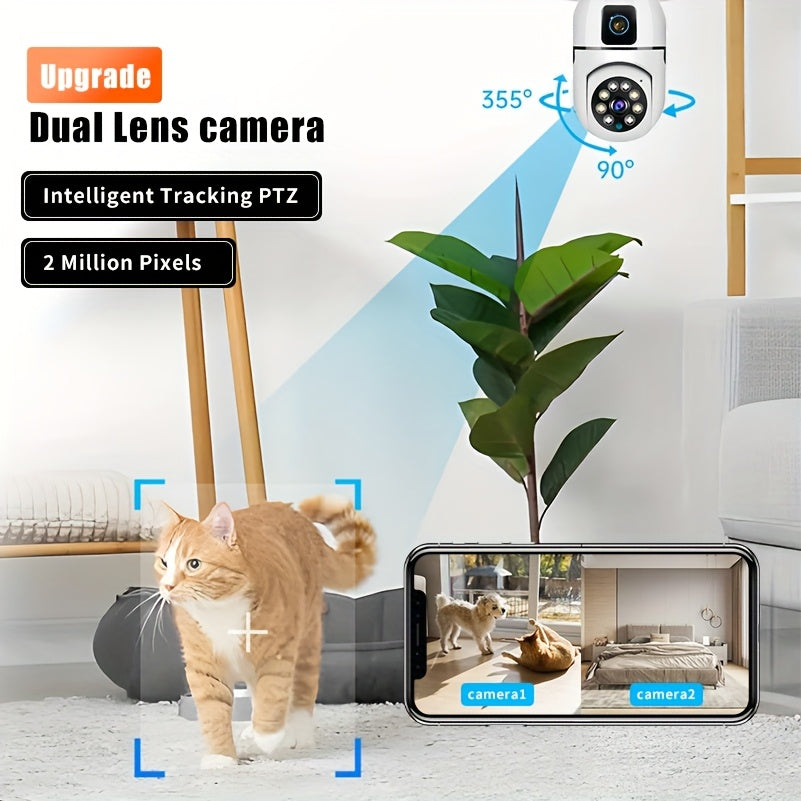 Experience ultimate peace of mind with the YIIYRY 1pc 1080P Dual Lens Smart Security Camera. Featuring night vision, two-way audio, remote viewing via smartphone, Wi-Fi connectivity, USB power options, and cloud/SD card storage. Take control with pan and