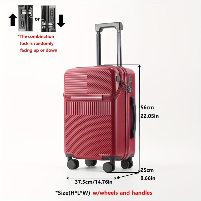 Compact 20-inch carry-on with cup holder and retractable handle.