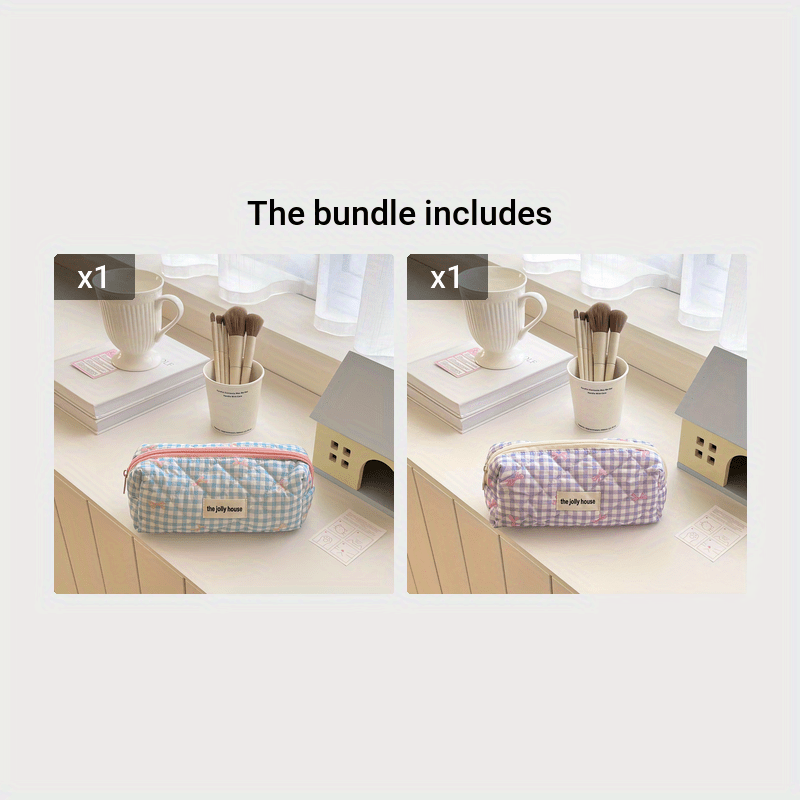 Polyester plaid pencil case with bowknot design for women and girls.