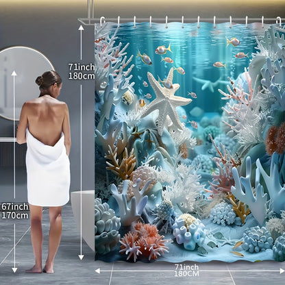 Ocean style shower curtain set with shell and starfish print, includes waterproof curtain, non-slip floor mat, toilet seat cover, bathroom mat, 12 plastic hooks for home decoration.