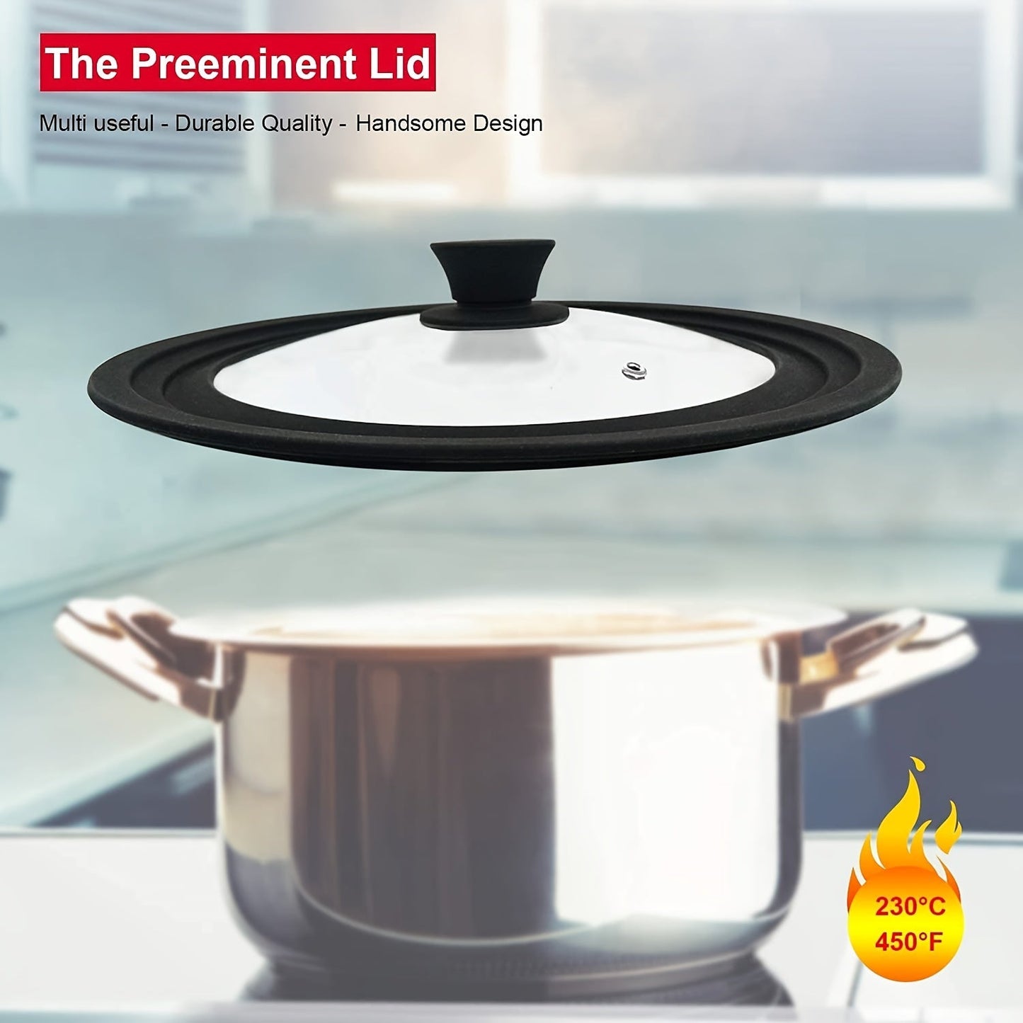 Cover any pot, pan, or frying pan with the 1pc Universal Cover. Made of tempered glass with a heat-resistant silicone edge, this cover fits cookware with a diameter ranging from 9.5" to 12.5".