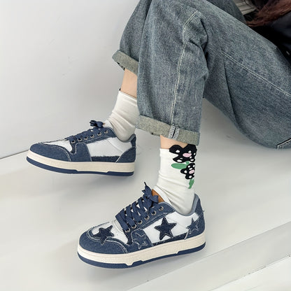 Women's graphic lace up skate shoes with thick sole, patchwork design, non-slip grip, and lightweight construction.