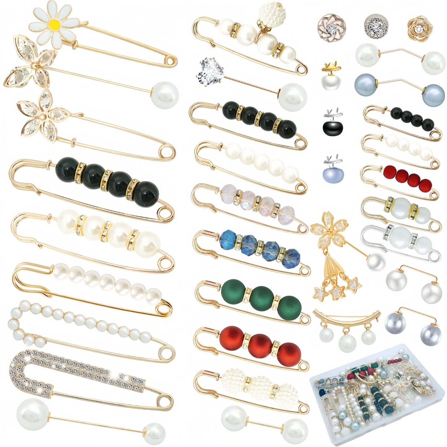 Chic 36-Piece Women's Fashion Brooch Set - Gold-Toned Floral & Imitation Pearl Pins with Organizer Case for Sweaters, Shawls, and Jeans Embellishments