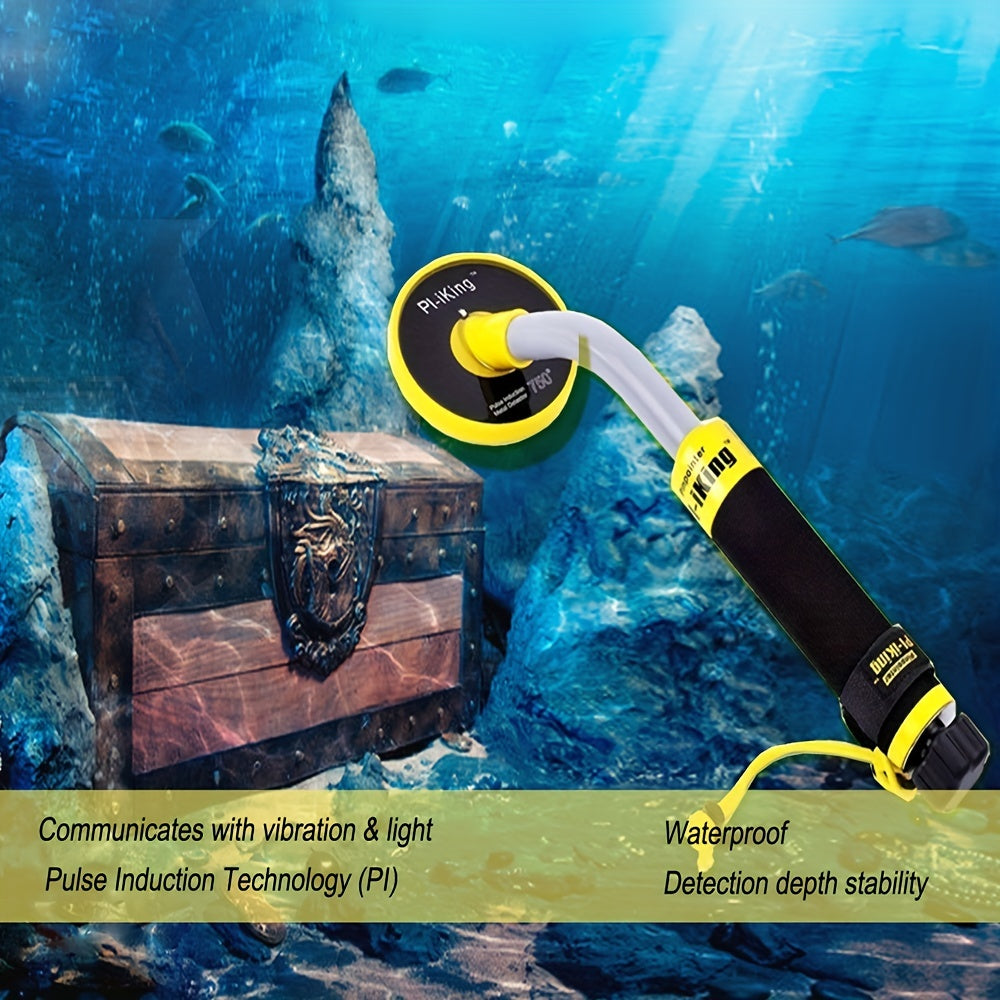 Underwater metal detector with LED & vibration alerts, ideal for diving & snorkeling, batteries not included.