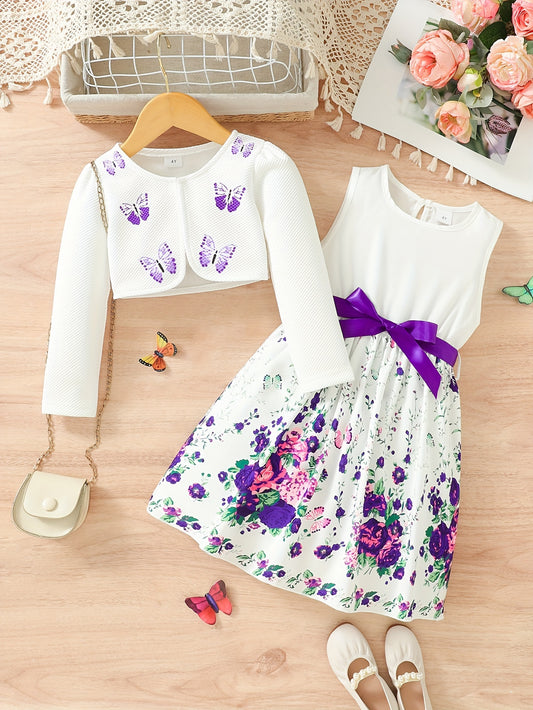 Butterfly casual dress for girls in a two-piece set.