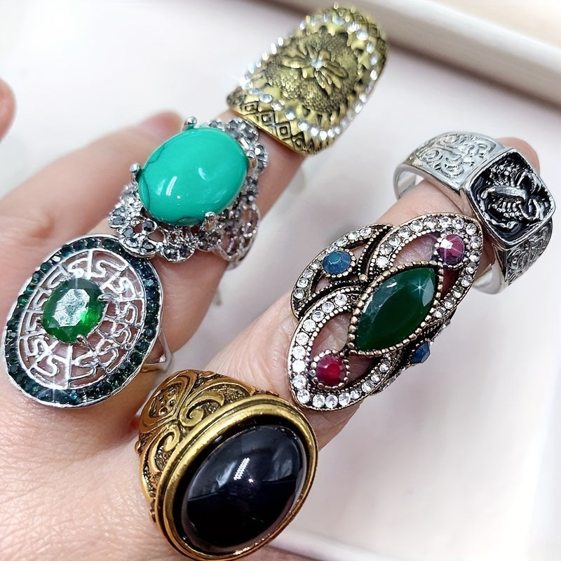 Set of 10 Vintage Exaggerated Synthetic Turquoise Alloy Rings in Luxury Ethnic Style. Each pair features heart-shaped design with synthetic stone and alloy material. No power required. Perfect for parties, weddings, Valentine's Day, and everyday wear.