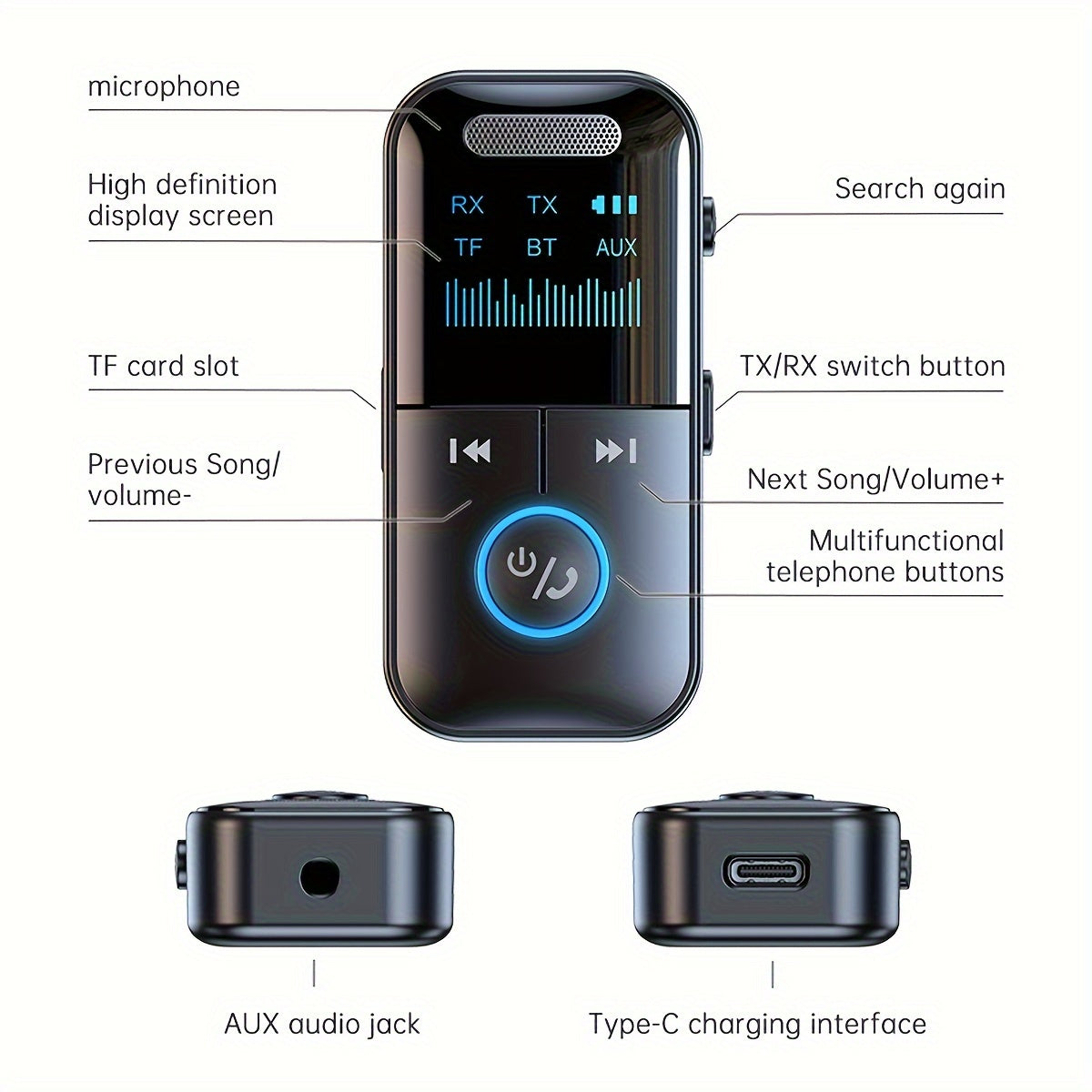 JaJaBor AUX Adapter: Wireless 2in1 Transmitter and Receiver for Home Stereo Speaker with Handsfree Call and Lossless MP3 Player.