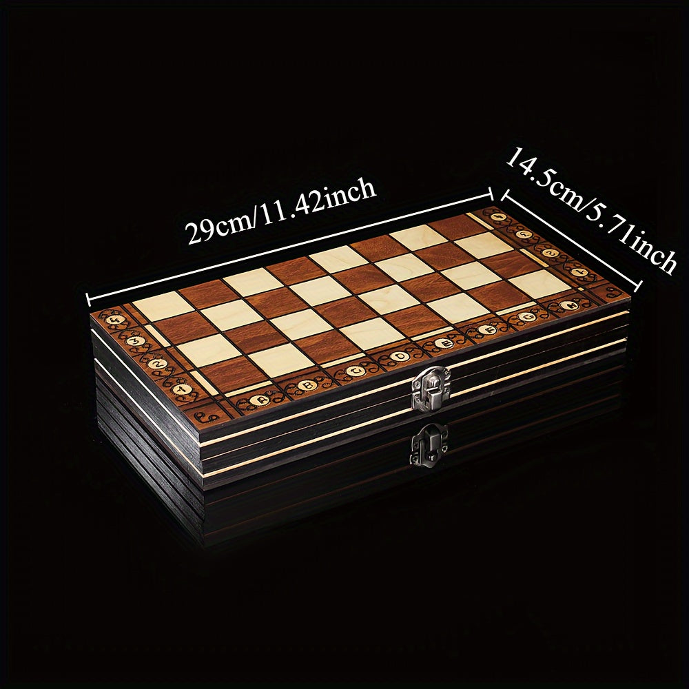 Wooden 3-in-1 board game set with chess, checkers, and backgammon. Foldable, portable, and velvety interior for slip-resistance. Durable wood fiber construction. Suitable for teens and