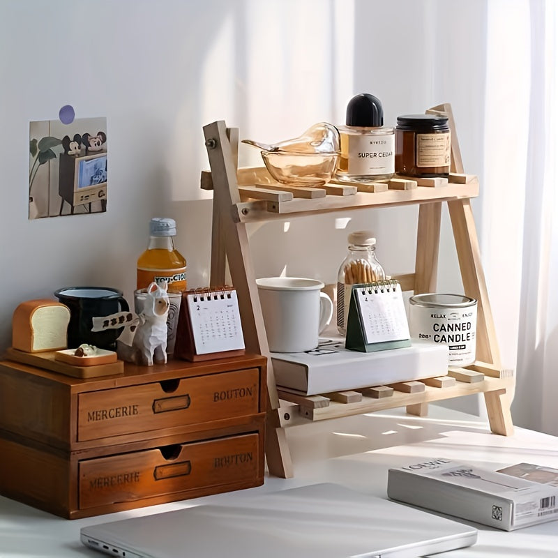 Wooden 2-tier shelf organizer for desks, perfect for storing stationary and decorating dorms, homes, schools, and offices.