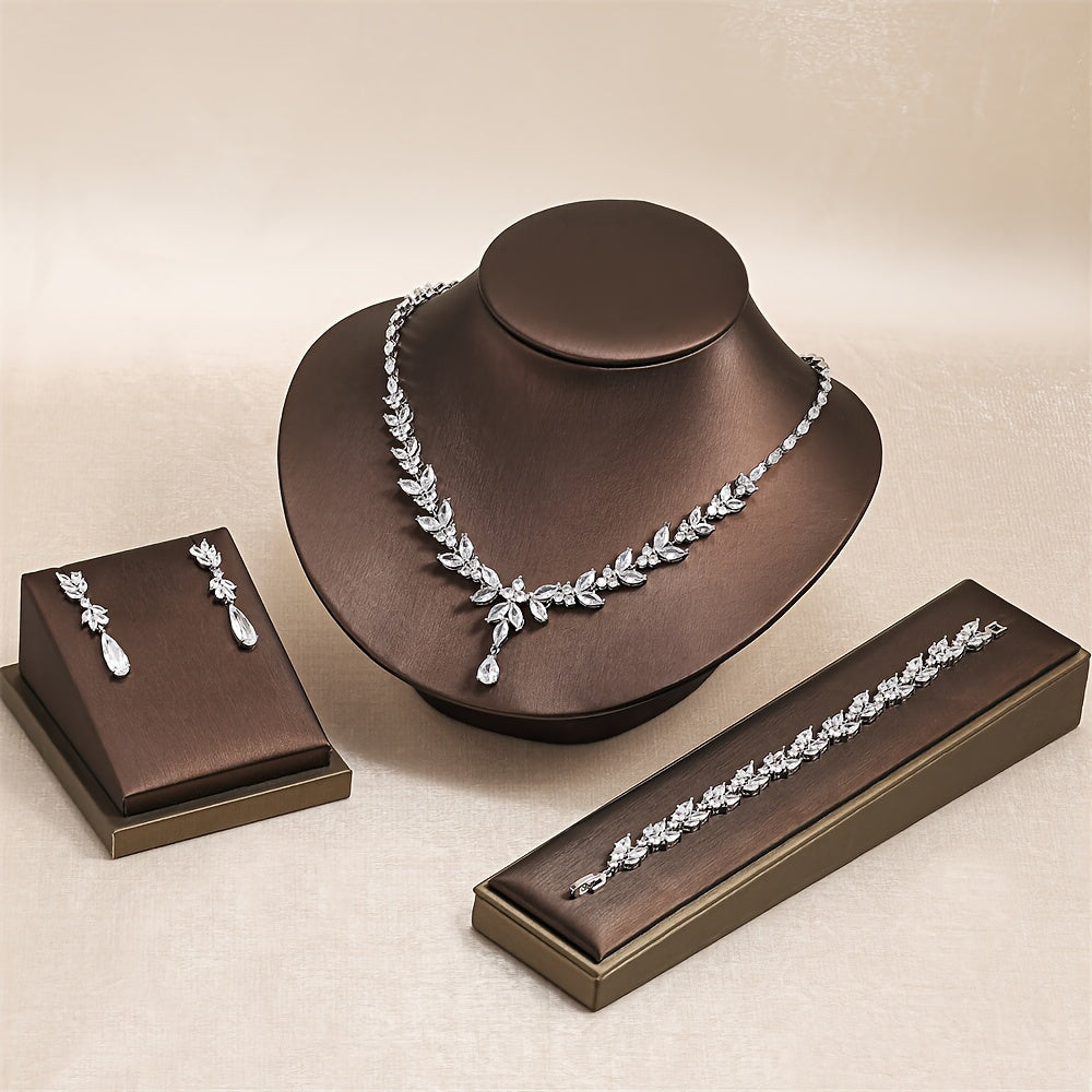 Luxurious Copper Jewelry Set Featuring Synthetic Zirconia - Perfect Bridal Necklace, Bracelet, and Earrings Set for Weddings and Valentine's Day Gifts with 4 Pieces.