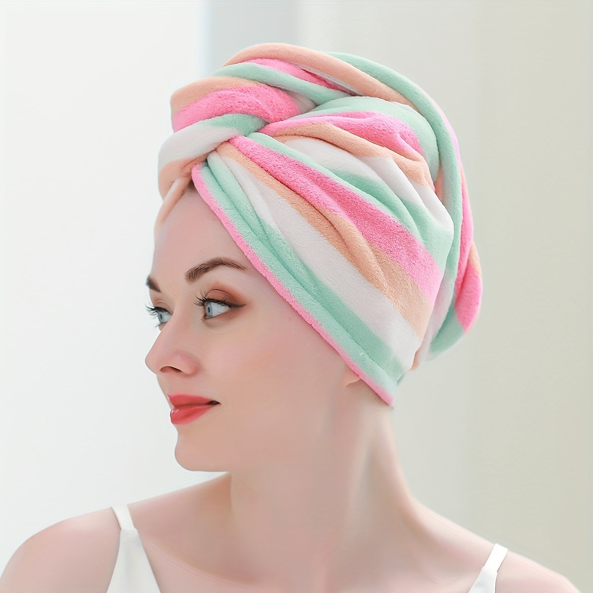 Soft Coral Fleece Hair Towel Wrap for Women - Quick Dry, Thick Striped Design - Modern Bathroom Accessory