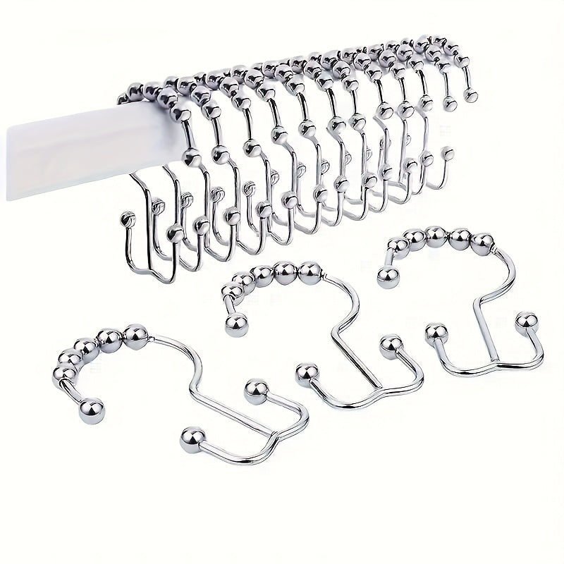 Double slide shower curtain hook made of stainless steel with ball bearings, ideal for bathroom shower rods.