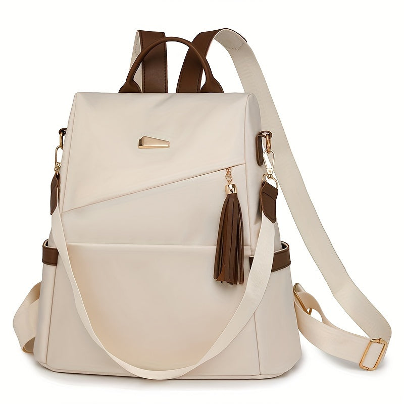 Stylish women's anti-theft backpack purse in white & brown with adjustable straps, large capacity, and golden-toned hardware, perfect for travel.