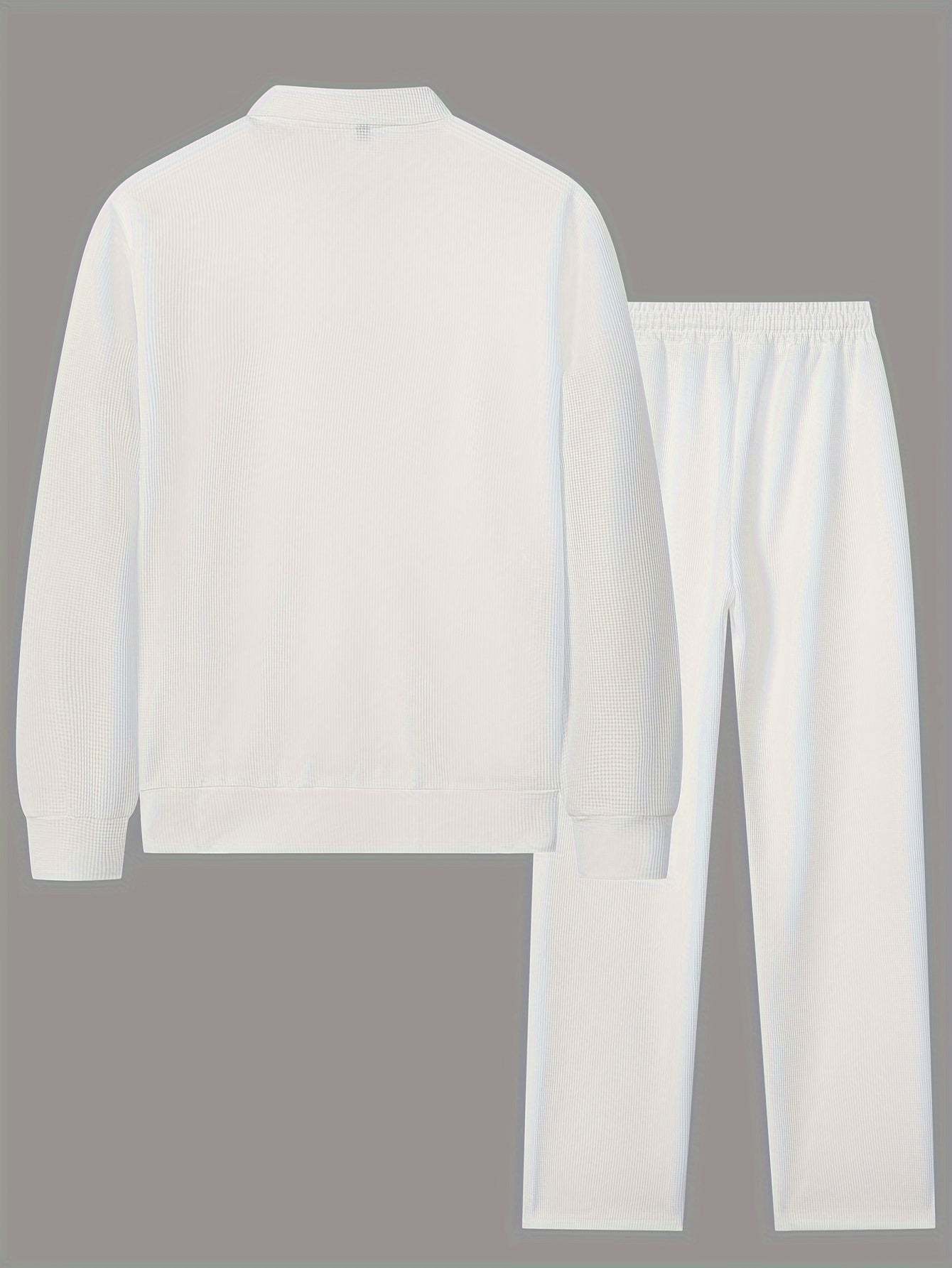 2-piece Men's Waffle Knit Casual Outfit: Solid White Long Sleeve Zip-Up Cardigan & Drawstring Pants Set. Comfortable polyester blend, perfect for daily wear or vacation in spring/fall.