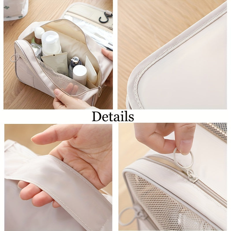 Travel in style with a waterproof Oxford fabric organizer - a versatile folding toiletry bag with a convenient hook for hanging. Available in chic light gray and ivory, this multifunctional bag is perfect for storing cosmetics and other essentials while