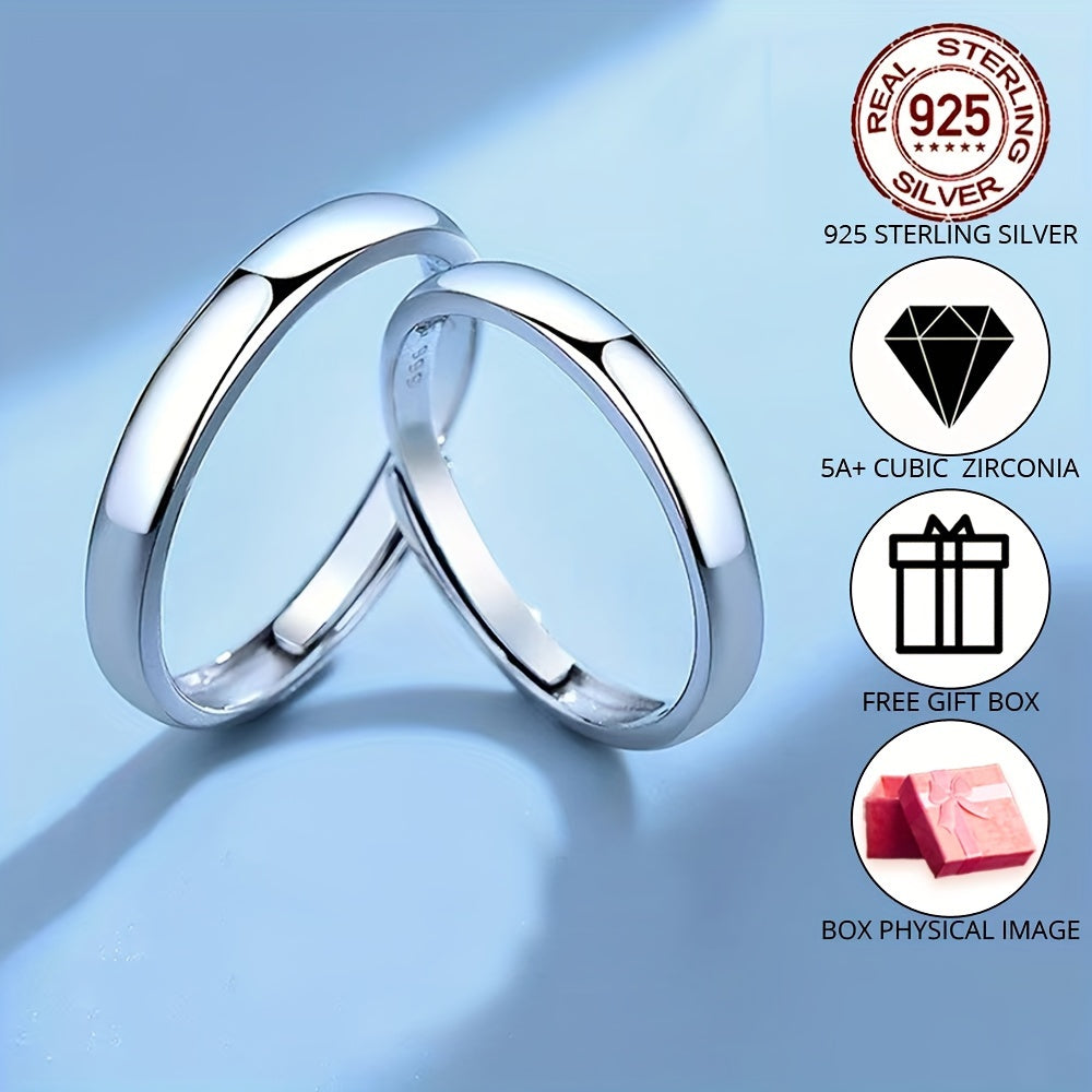 925 Sterling Silver Adjustable Engagement Rings Set, Hypoallergenic Glossy Round Bands, Perfect for Parties, Ideal Valentine's Day, Anniversary, and Christmas Gift for Couples, Complete with Gift Box