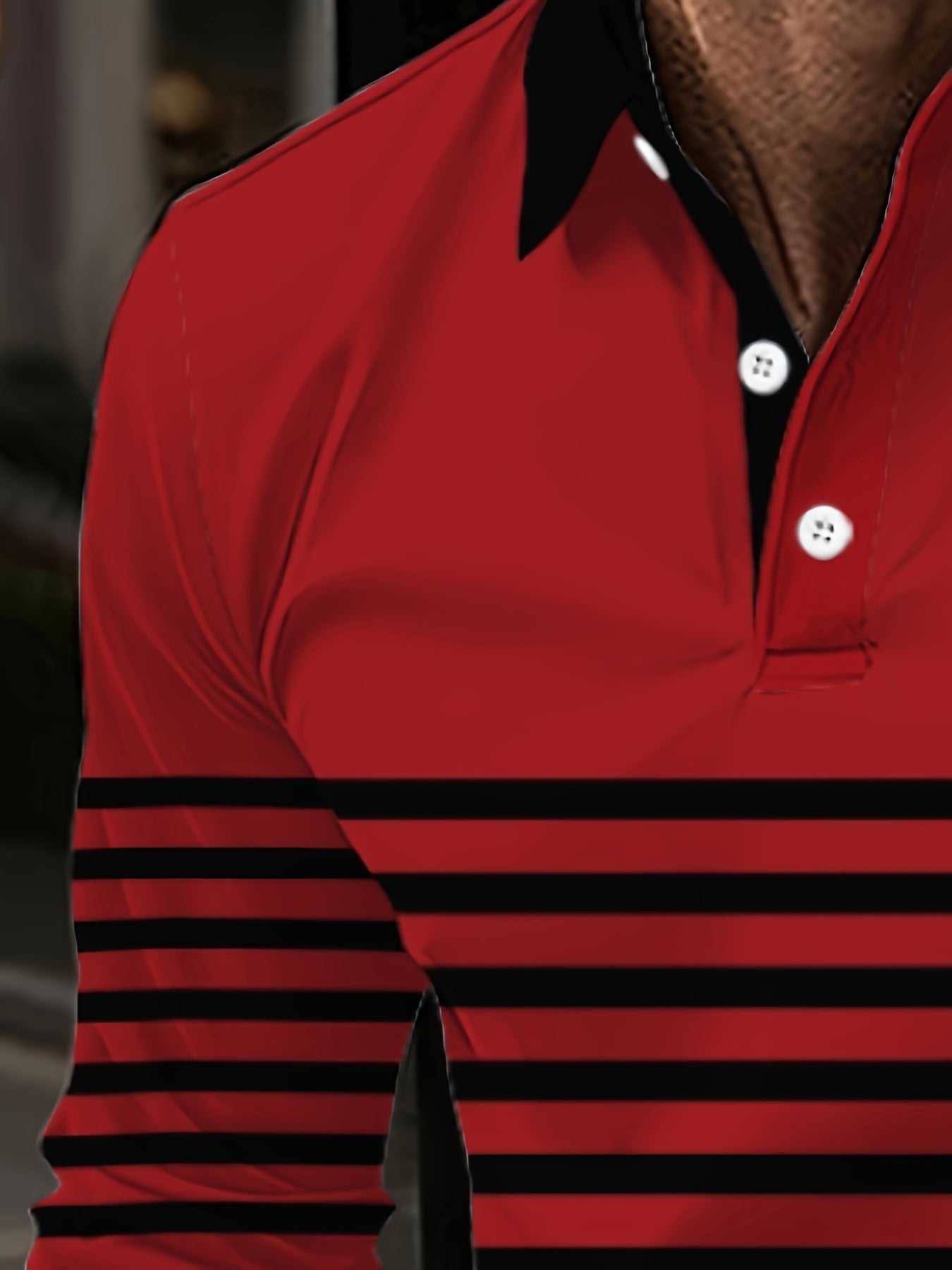 Men's fashion polo shirt with striped design, button lapel collar, made of 100% polyester knit fabric with slight stretch. Regular fit, suitable for spring and fall.