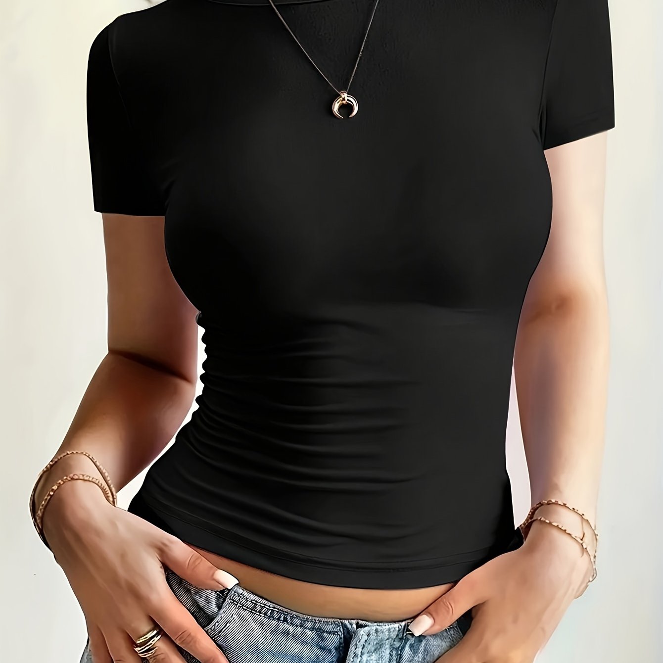 Women's stretchy short sleeve t-shirt in a solid color, Y2K style. Made of high elastic polyester blend, lightweight and breathable. Machine washable for everyday wear.