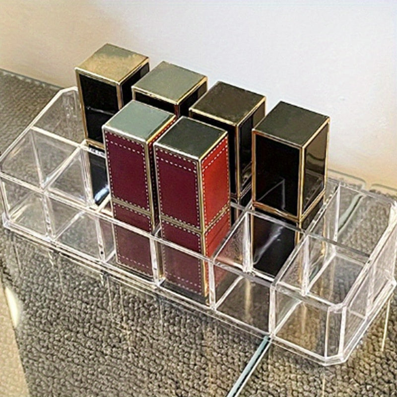 Transparent plastic organizer with grids for lipsticks, desktop storage for makeup