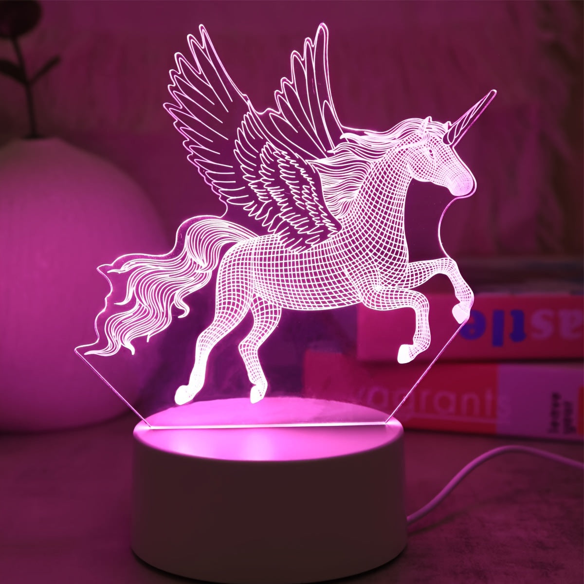 Pink unicorn night light for kids' bedrooms.