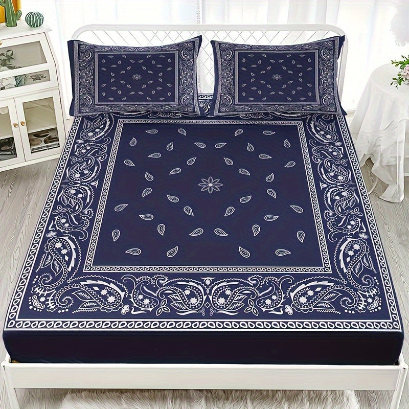 Boho Chic Paisley Print Bedding Set - Includes 1 Fitted Sheet and 2 Pillowcases, Made of Breathable Polyester, Machine Washable - Ideal for Year-Round Use