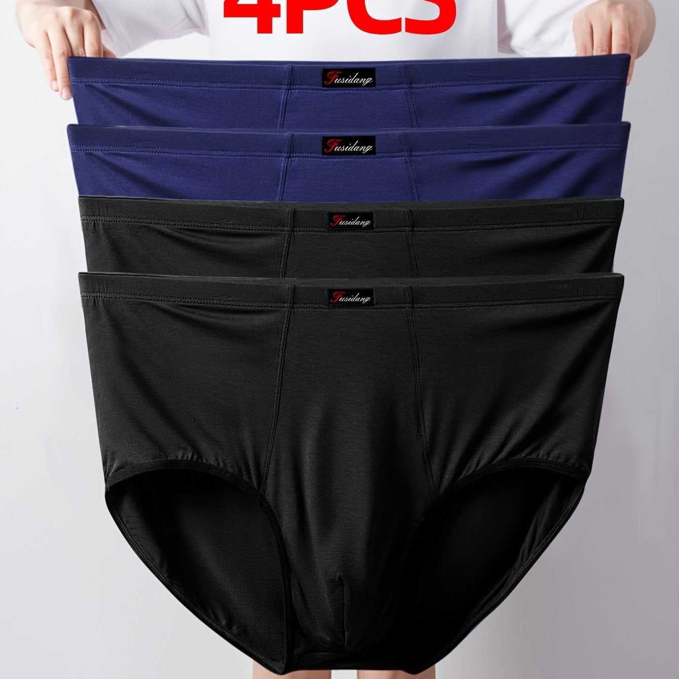 4 fusidang Men's High-Waist Modal Underwear in Navy, Black, Light Blue, and Dark Gray - Plus Size, Stretchy Briefs for Big & Tall, Machine Washable.