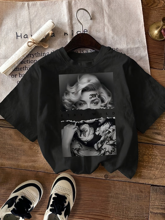 Ayollar uchun moda T-shirt, vintage portret bosmasi bilan, polyesterdan tayyorlangan, tasodifiy yumshoq bo'yin uslubida va odatdagi uzunlikda, barcha fasllar uchun mos.