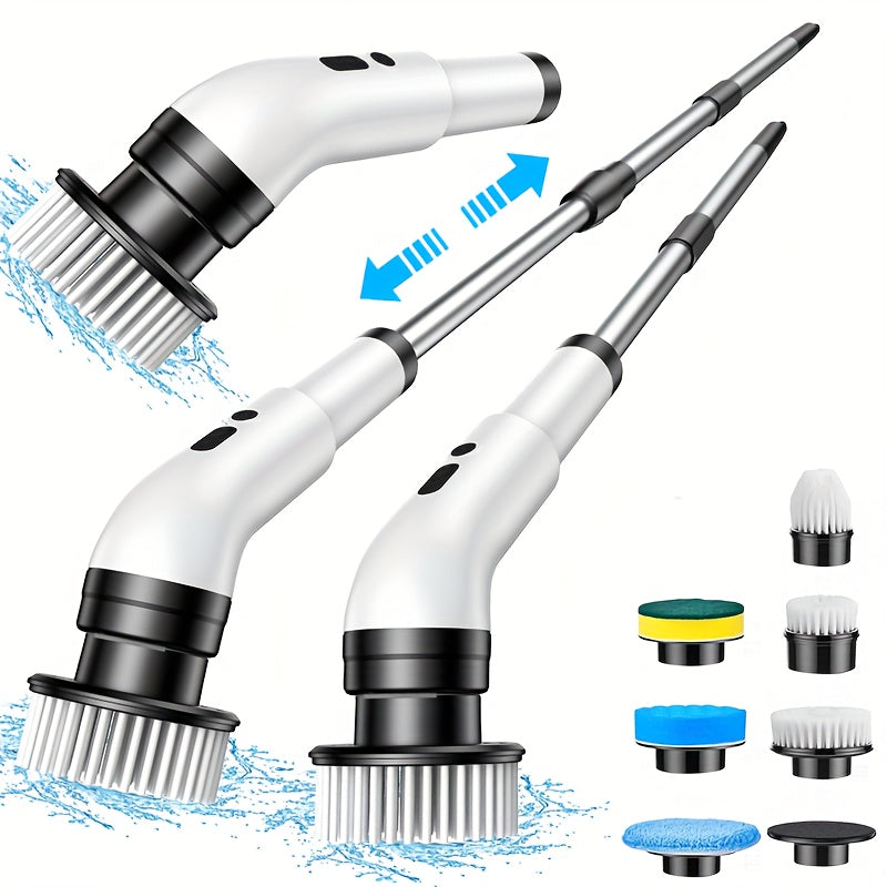 Introducing the versatile White Electric Cleaning Brush with USB Charging, Long Handle, and 2000mAh battery. Comes with 6-9 Replaceable Brush Heads for cleaning floors, walls, outdoor areas, and bathrooms.