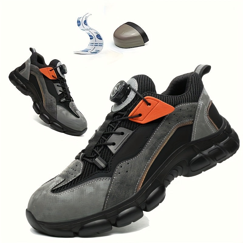 Steel toe work shoes with breathable design, puncture-resistant sole, and durable fabric upper in gray/black/orange. Perfect for construction and industrial tasks.