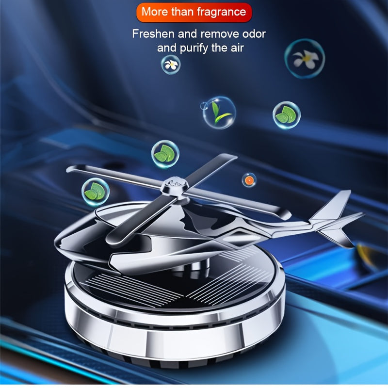 Solar-powered helicopter air freshener with rotating aluminum alloy aroma diffuser, paired with paper fragrance sheets for long-lasting scent. Silver car decoration that does not require