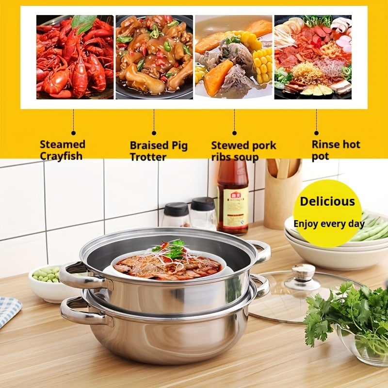 Two-Tier Stainless Steel Steamer Pot Set with Glass Lid - Stackable Saucepans, Induction Stovetop Ready, Ideal for Steaming Food and Vegetables