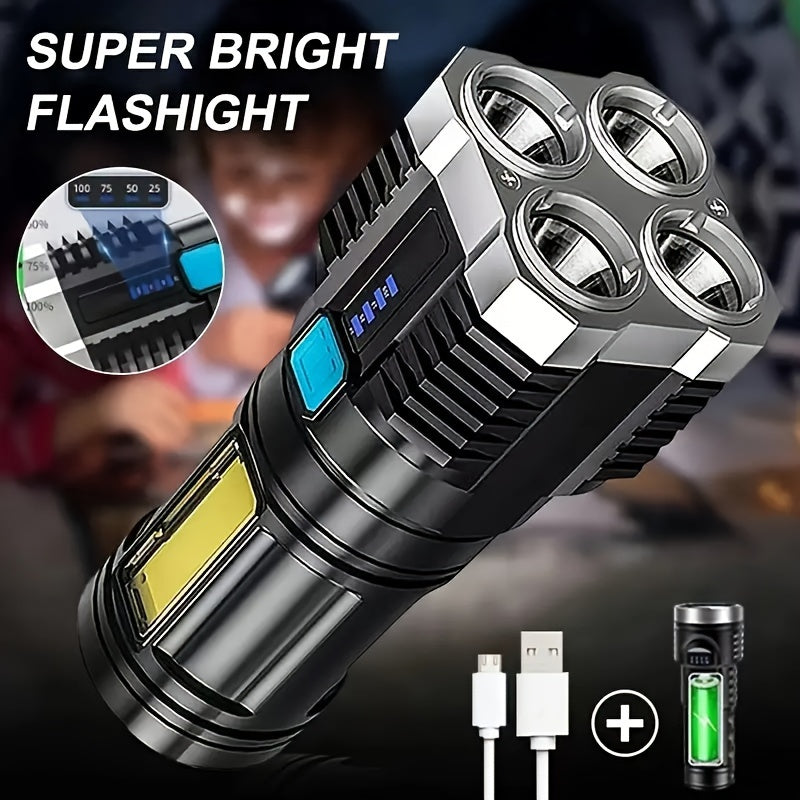 USB rechargeable LED flashlight with 4 modes and COB side light, perfect for outdoor activities.