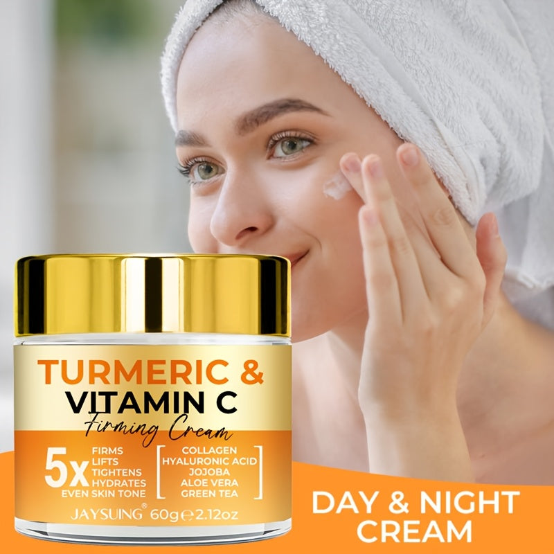 JAYSUING Turmeric & Vitamin C Firming Cream is a unisex adult moisturizer for all skin types, containing Hyaluronic Acid, Collagen, Jojoba, Vitamin E, and Retinol for hydration, firming