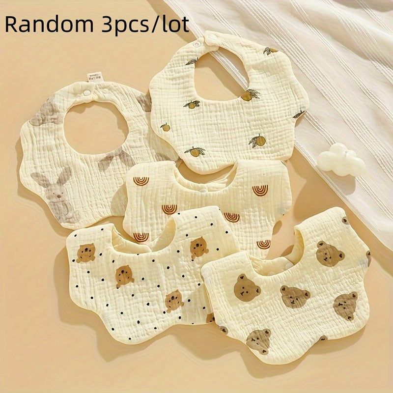 Set of 3 Cotton Muslin Baby Bibs, 6 layers with Petal Design, Snap Closure, Full Coverage, Ideal for Infants and Toddlers Ages 0-3, Not Waterproof