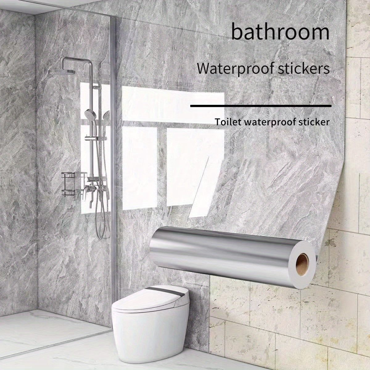 Waterproof wallpaper stickers for bathrooms and kitchens, easy to apply and moisture-resistant. Ideal for toilet and kitchen renovation, with a marble tile design.