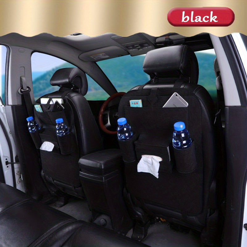 Car back seat organizer with storage pockets, kick mats, seat protectors, tissue box, cup holder, laptop table, and eating tray for parking use only.