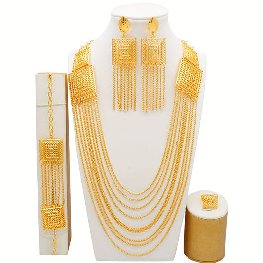 22k Gold Plated Elegant Jewelry Set including Dangle Earrings, Necklace, Bracelet, and Ring with Classic Tassel Design, perfect for Engagement or Wedding Wear